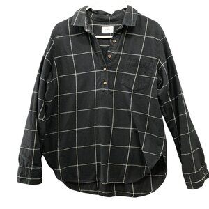 Marine Layer Flannel Popover Shirt Womens L Black Grid Plaid Organic Cotton
